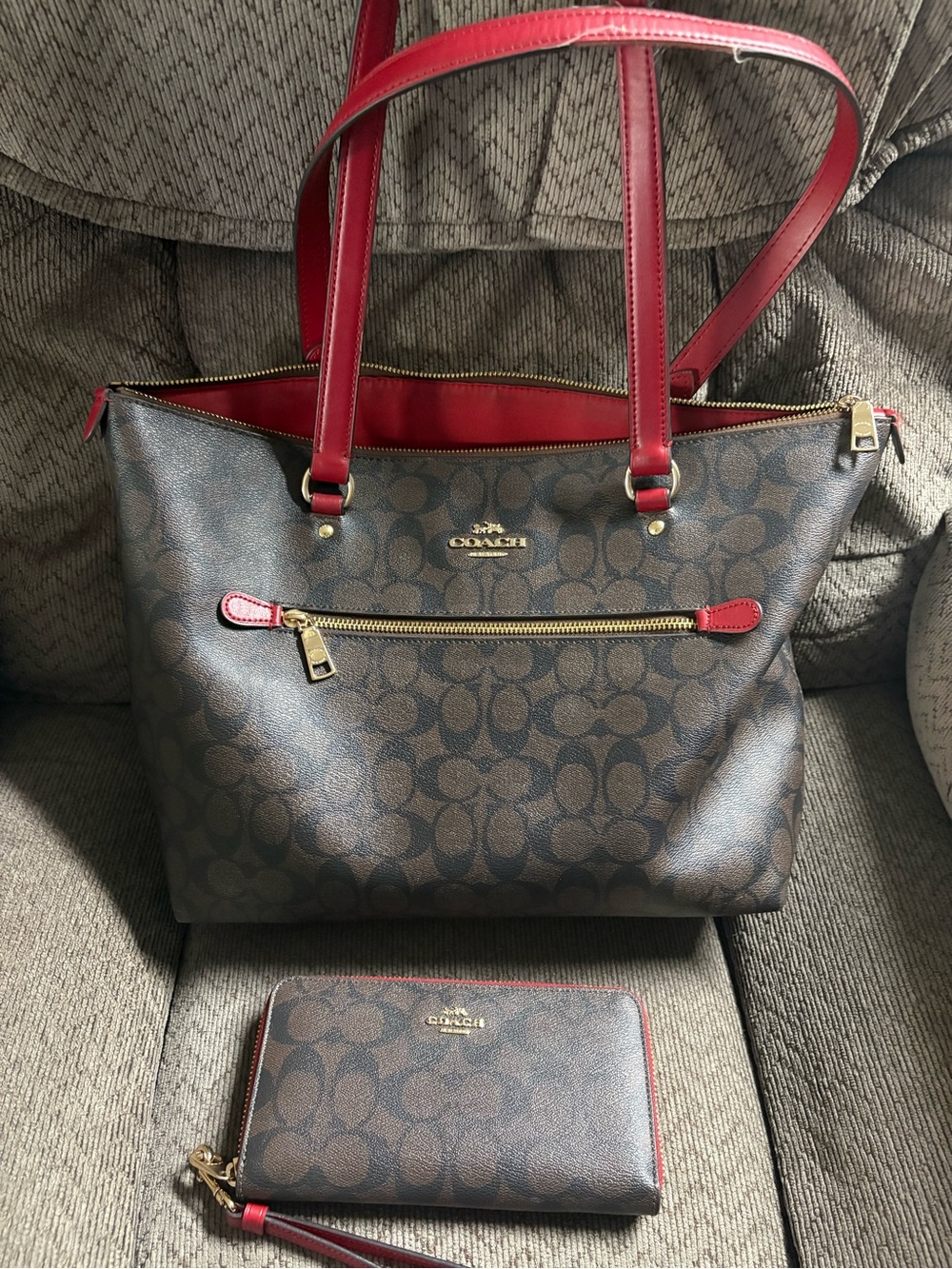 Coach Brown Signature Tote with Red Trim and Gold Hardware